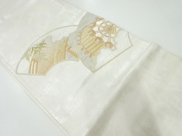 アンティーク　相良刺繍地紙に槌車模様袋帯（材料）